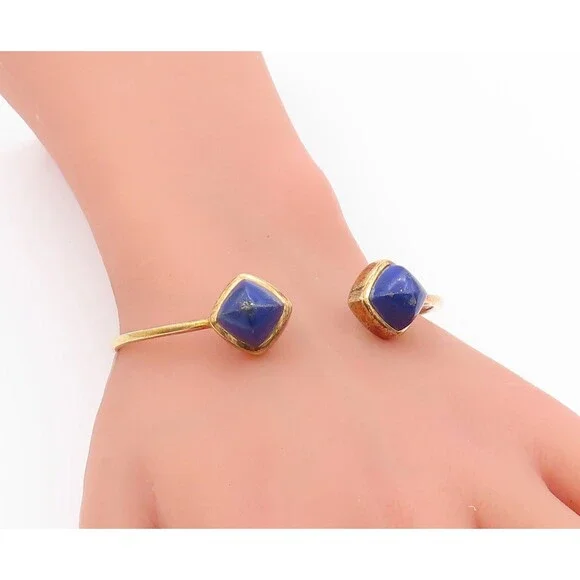 925 Sterling Silver Vintage Bracelet Gold Parted Lapis Lazuli Ended Cuff BT11337 - Picture 3 of 9